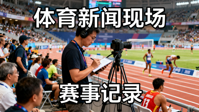 体育新闻现场，赛事记者在场地边记录比赛信息，用于体育资讯解决方案配图